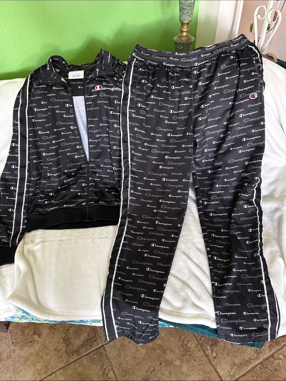 Champion Black All-Over Logo Track Pants - White Piping